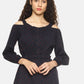 SAHORA Women Navy Blue Polka Dots Print Cinched Waist Top