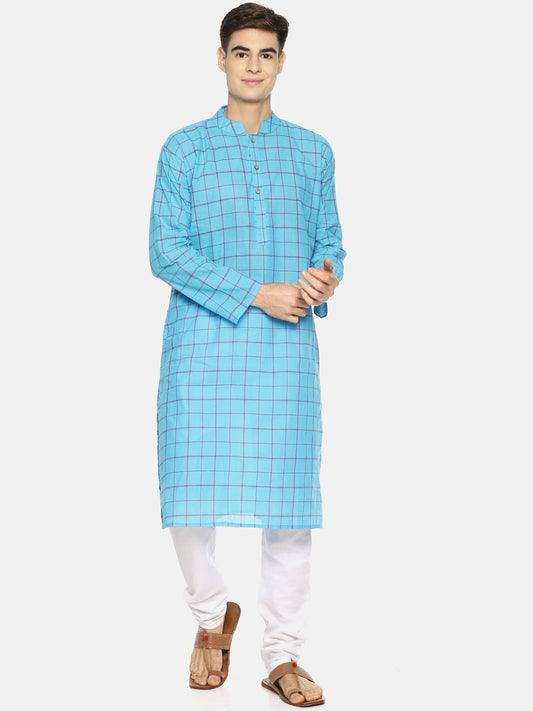 PAROKSH Men sky blue checkered cotton Straight Kurta