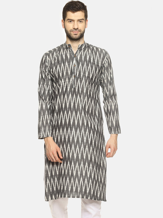 PAROKSH Men's Grey White Chevron Print Woven Cotton Handloom Long Straight Ethnic Kurta