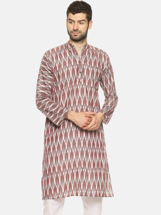 PAROKSH Men Mauve Grey woven Ikat Straight Kurta
