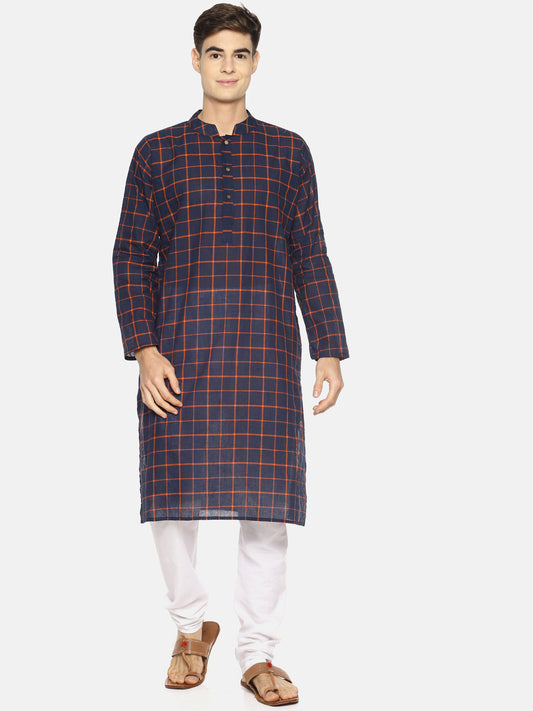 PAROKSH Men blue checkered cotton Straight Kurta