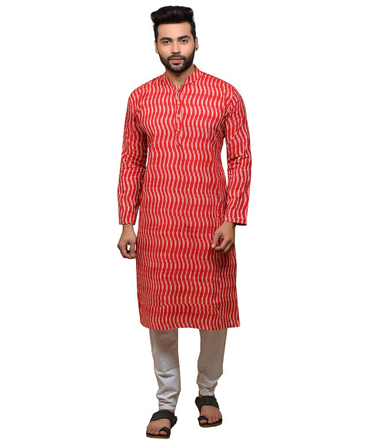 PAROKSH Men's red Ikat Striped Handloom Long Cotton Ethnic Kurta