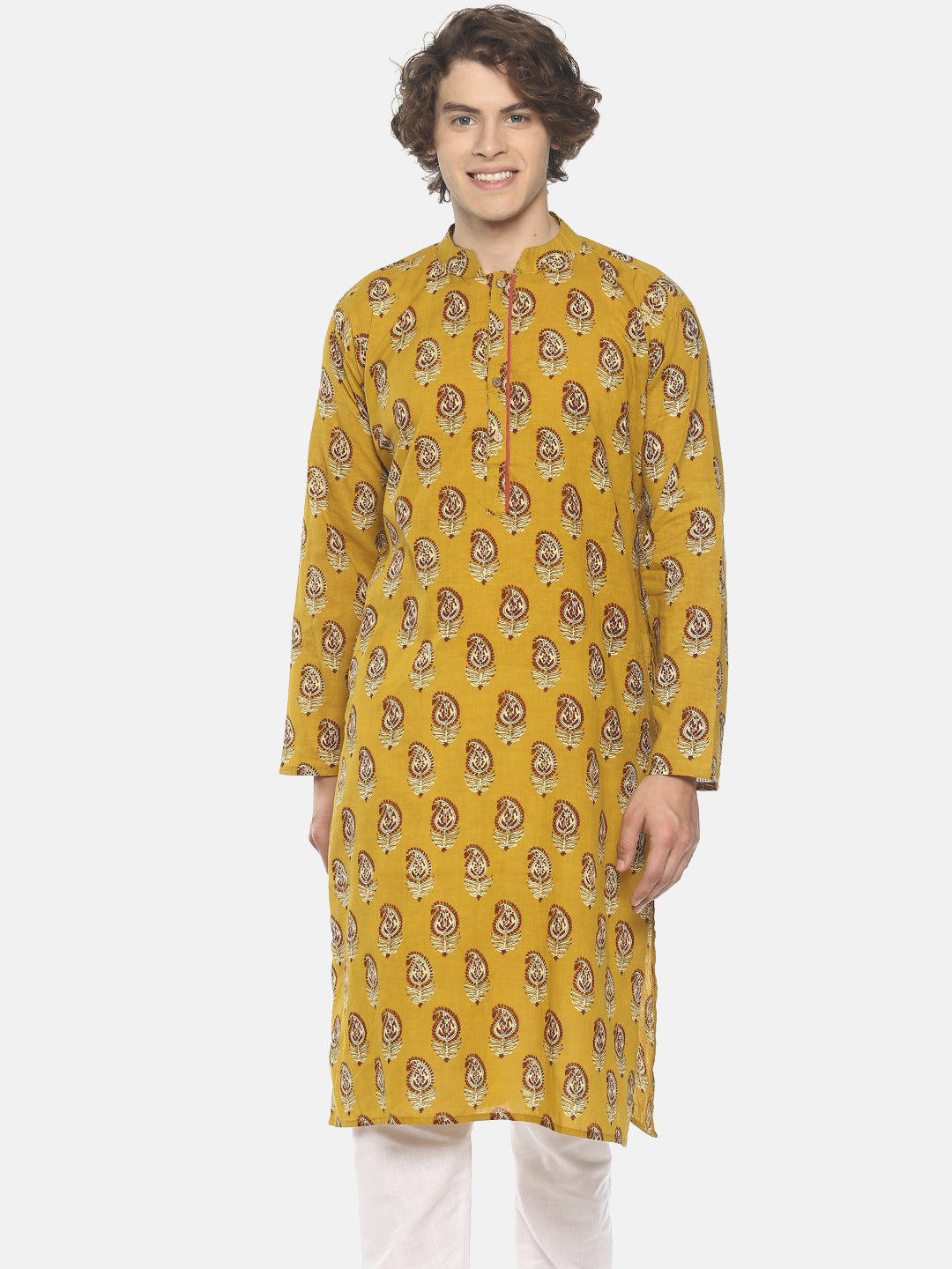 PAROKSH Men Mustard yellow cotton block print Straight Kurta