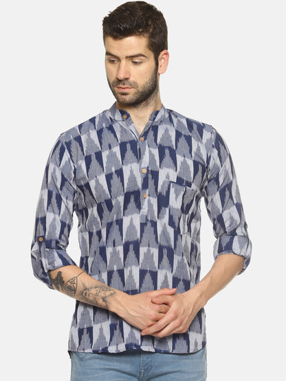 PAROKSH Men Blue Printed Thread Work Indie Prints Khadi Handloom Kurta