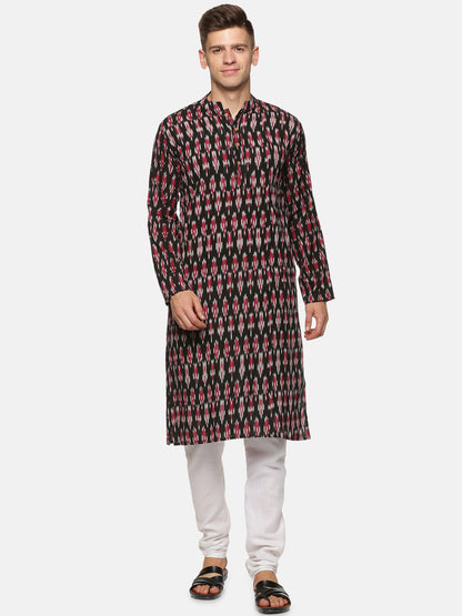 PAROKSH Men's Black Maroon Ikat Woven Handloom Long Cotton Ethnic Kurta