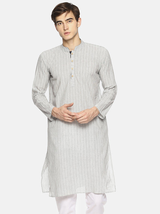 PAROKSH Men white line detail cotton Straight Kurta