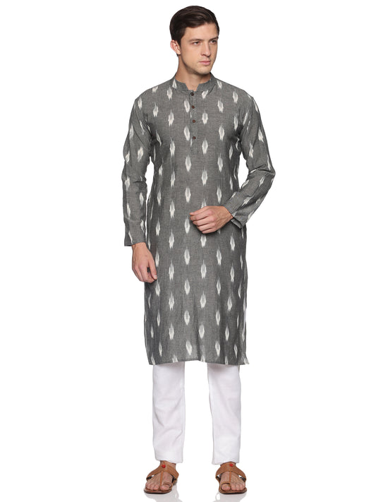 PAROKSH Men Grey & White Ethnic Motifs Khadi Handloom Pure Cotton Kurta