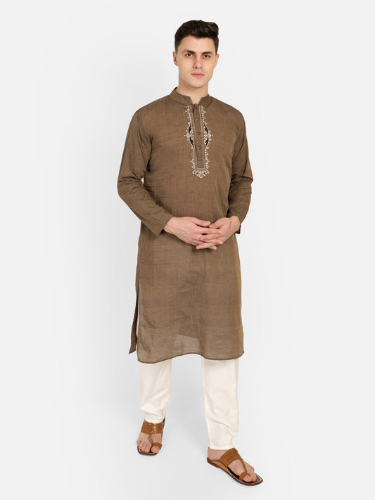 PAROKSH Men Brown Embroidery Straight Kurta