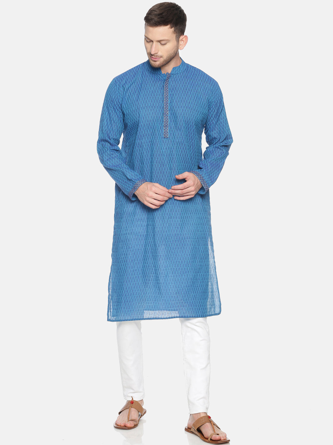PAROKSH Men Blue Geometric cotton Straight Kurta