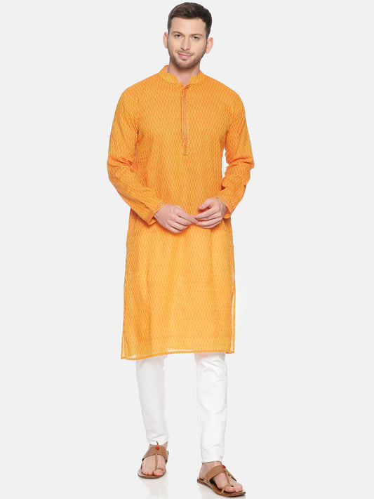 PAROKSH Men Yellow Geometric Dobby Border cotton Straight Kurta