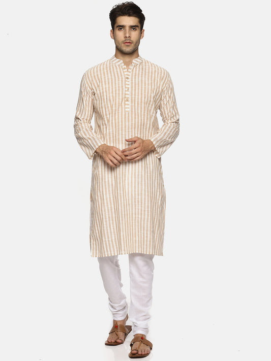 PAROKSH Men Beige striped cotton Straight Kurta