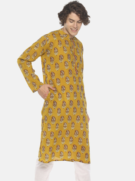 PAROKSH Men Mustard yellow cotton block print Straight Kurta