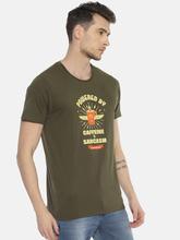 Men's printed round neck olive green t-shirt