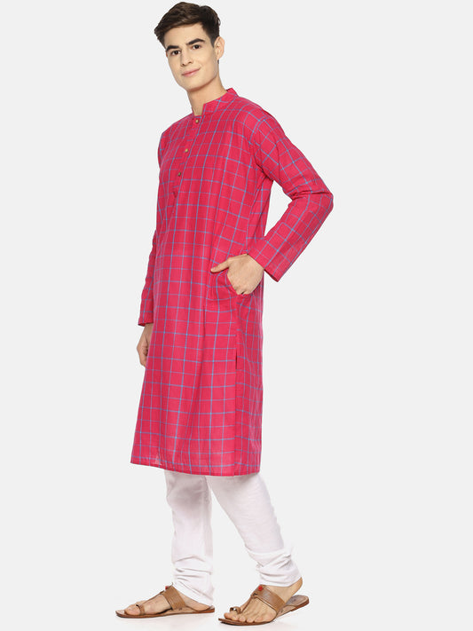 PAROKSH Men pink checkered cotton Straight Kurta