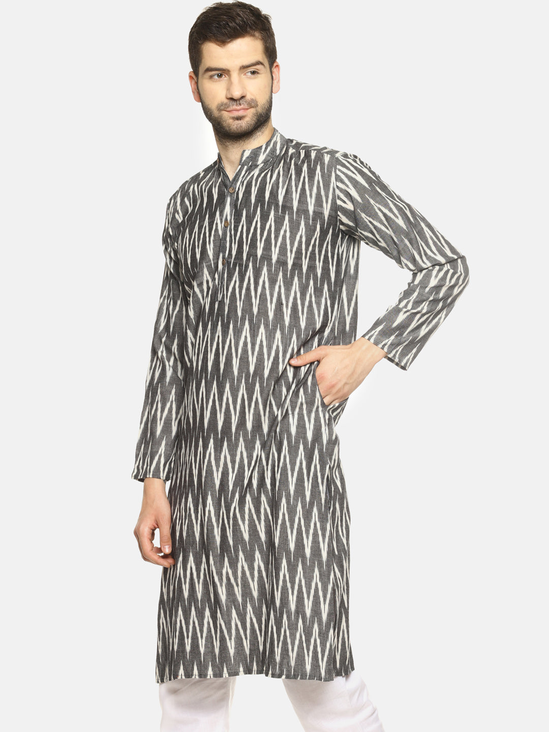 PAROKSH Men's Grey White Chevron Print Woven Cotton Handloom Long Straight Ethnic Kurta