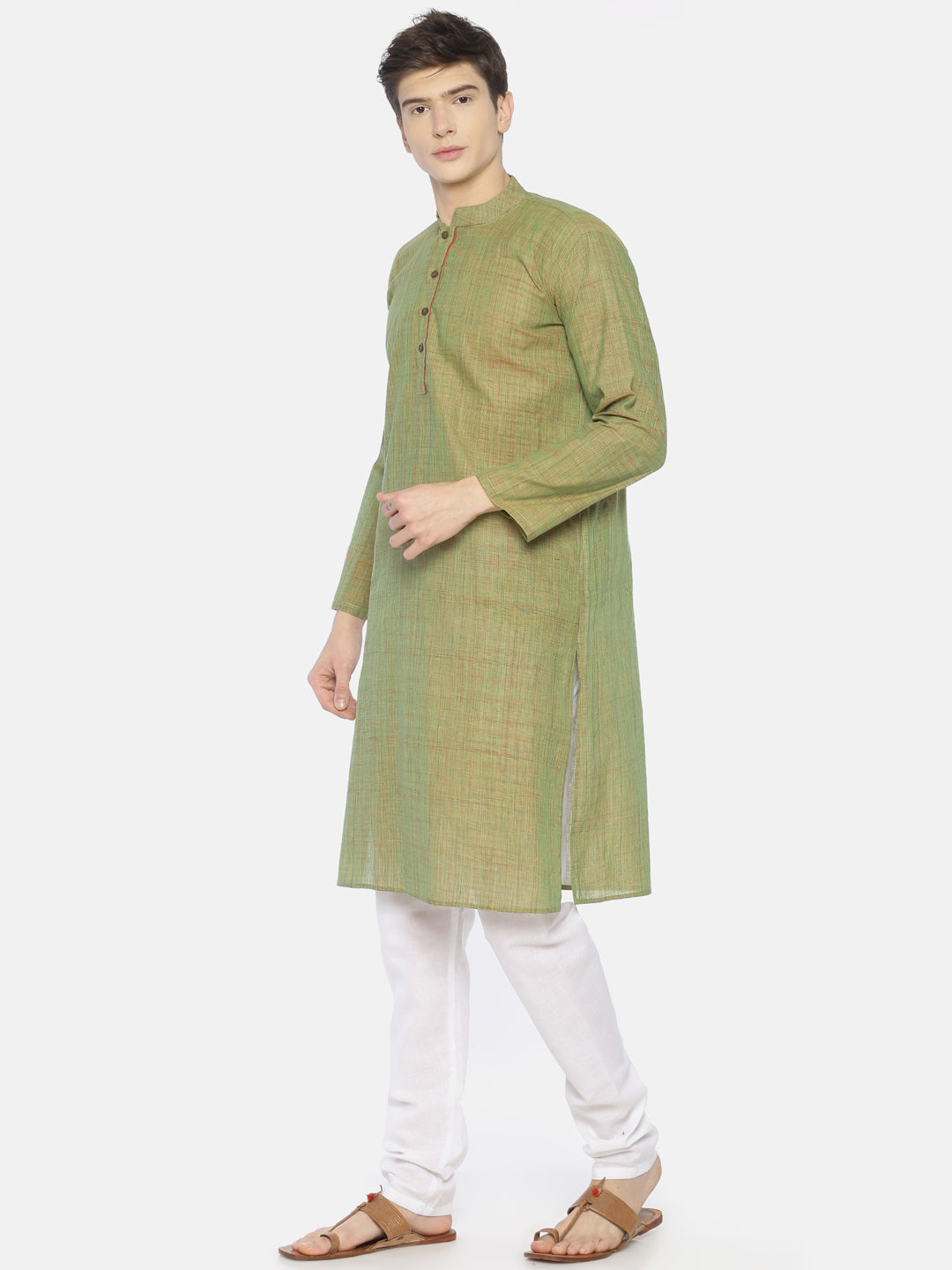 PAROKSH Men light green placket cotton Straight Kurta