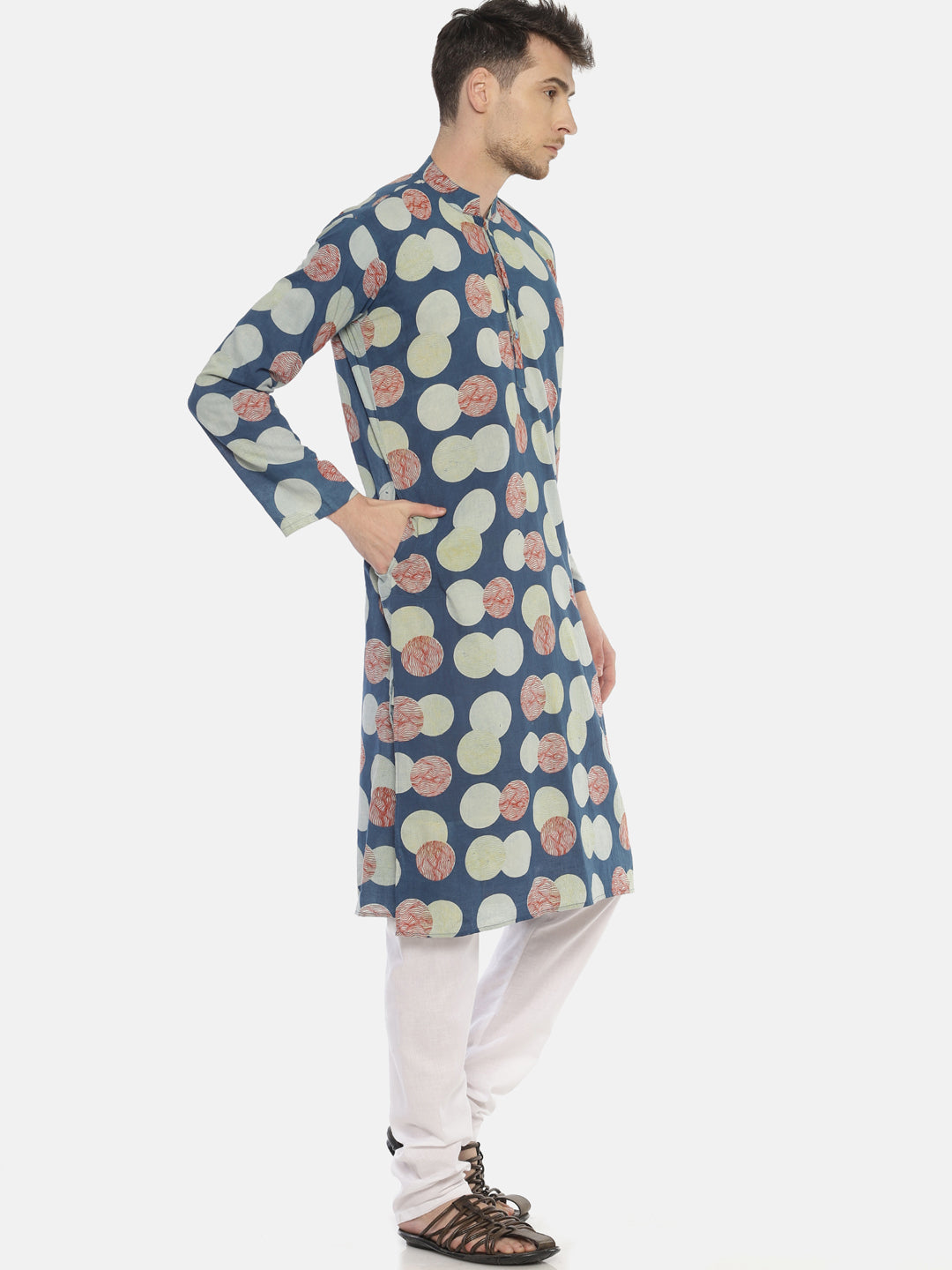 PAROKSH Men indigo blue bubble cotton block print Straight Kurta