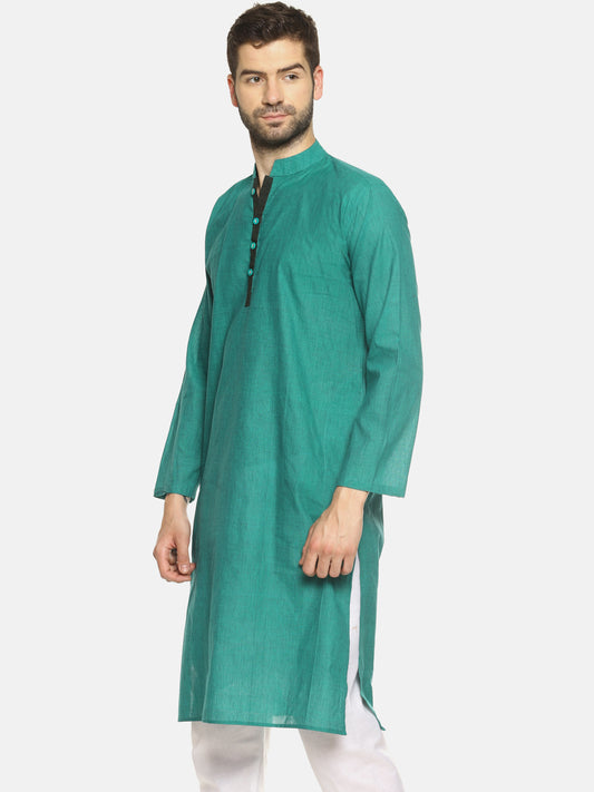 PAROKSH Men light green placket cotton Straight Kurta