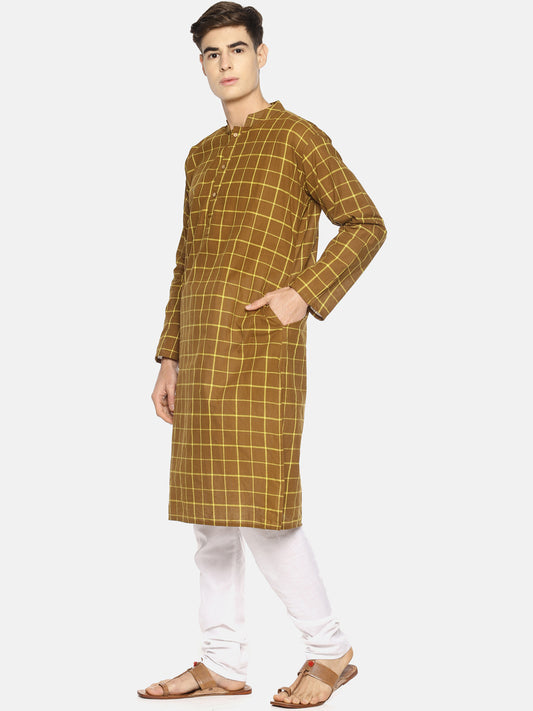 PAROKSH Men olive checkered cotton Straight Kurta