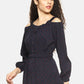 SAHORA Women Navy Blue Polka Dots Print Cinched Waist Top