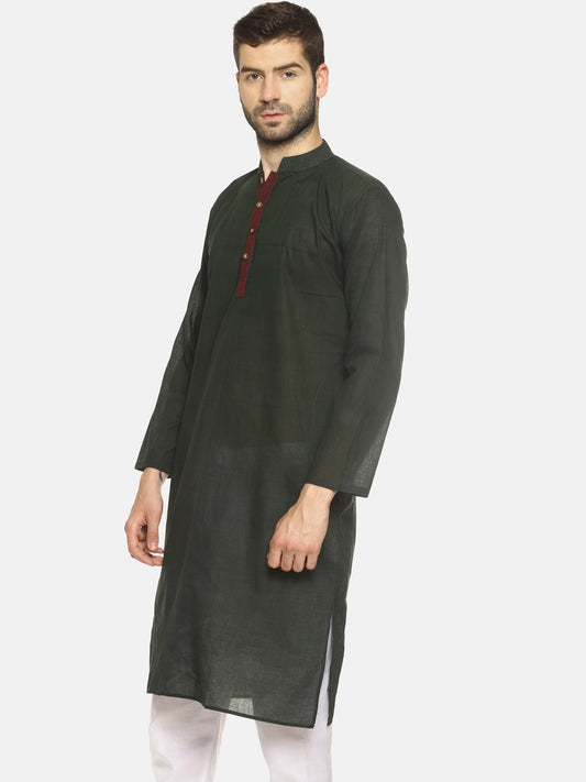 PAROKSH Men olive placket cotton Straight Kurta