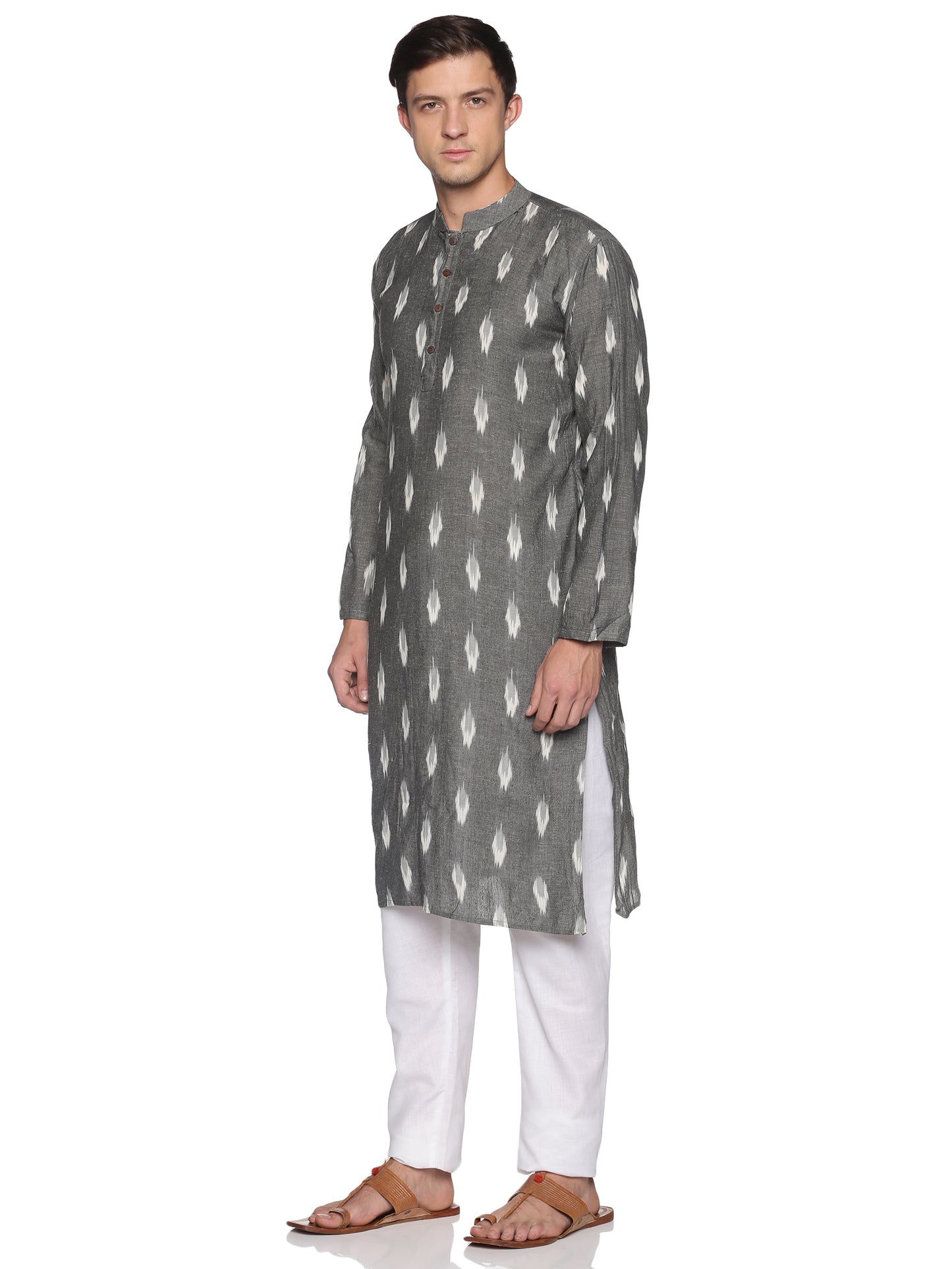 PAROKSH Men Grey & White Ethnic Motifs Khadi Handloom Pure Cotton Kurta