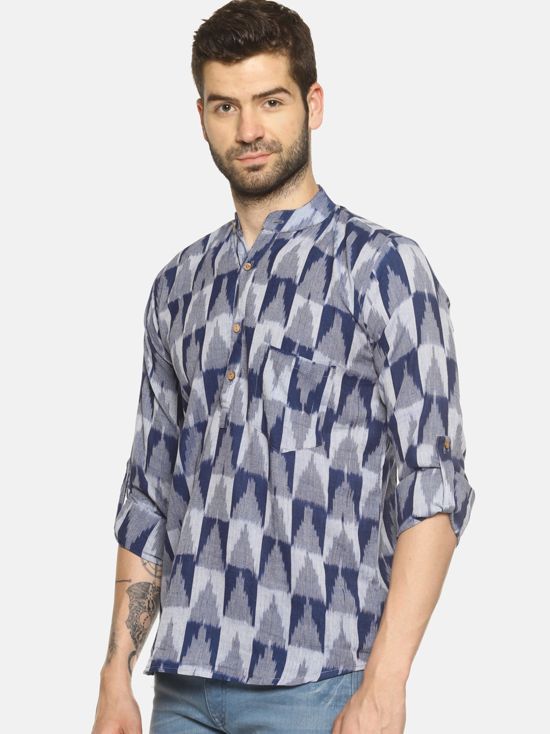 PAROKSH Men Blue Printed Thread Work Indie Prints Khadi Handloom Kurta