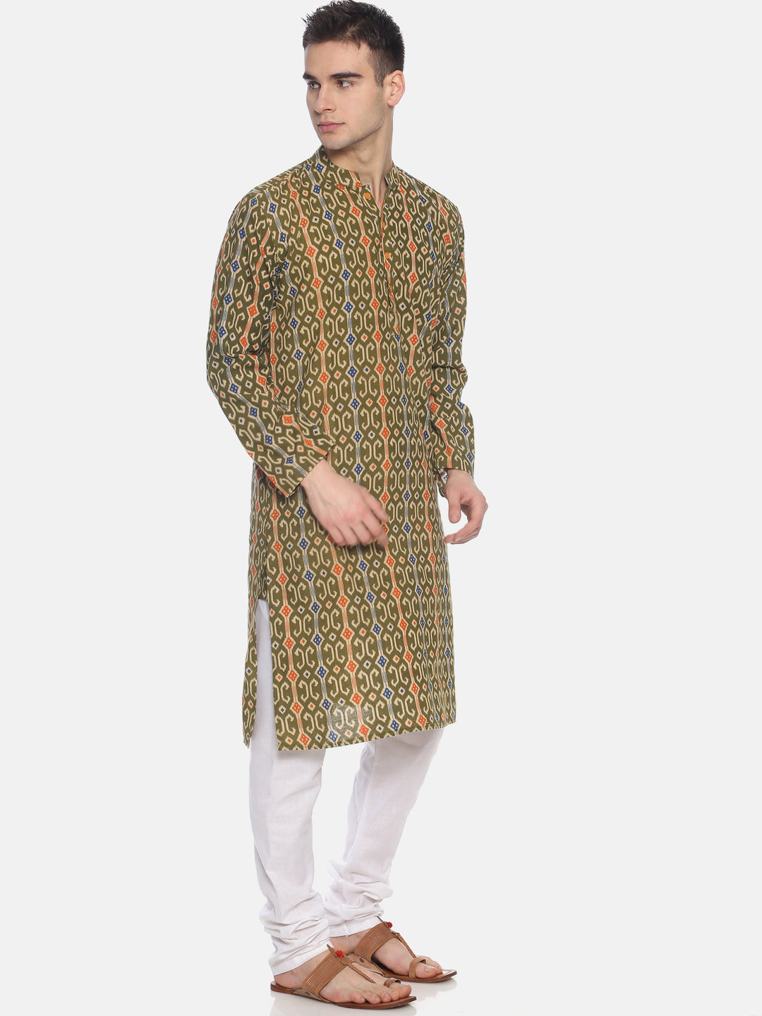 PAROKSH Men Olive green & Orange Printed Straight Kurta