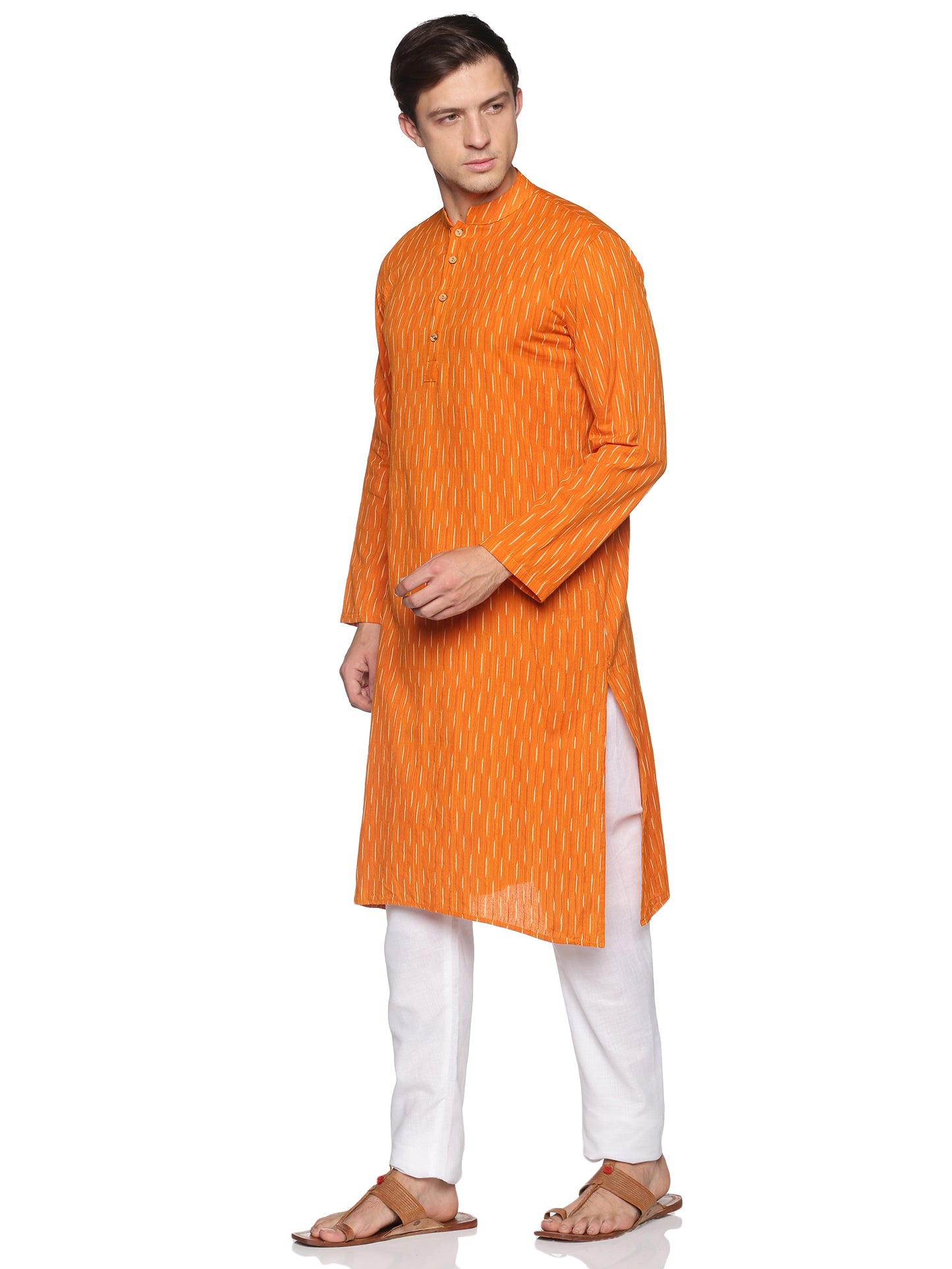 PAROKSH Men Orange & Off White Printed Khadi Handloom Pure Cotton Kurta