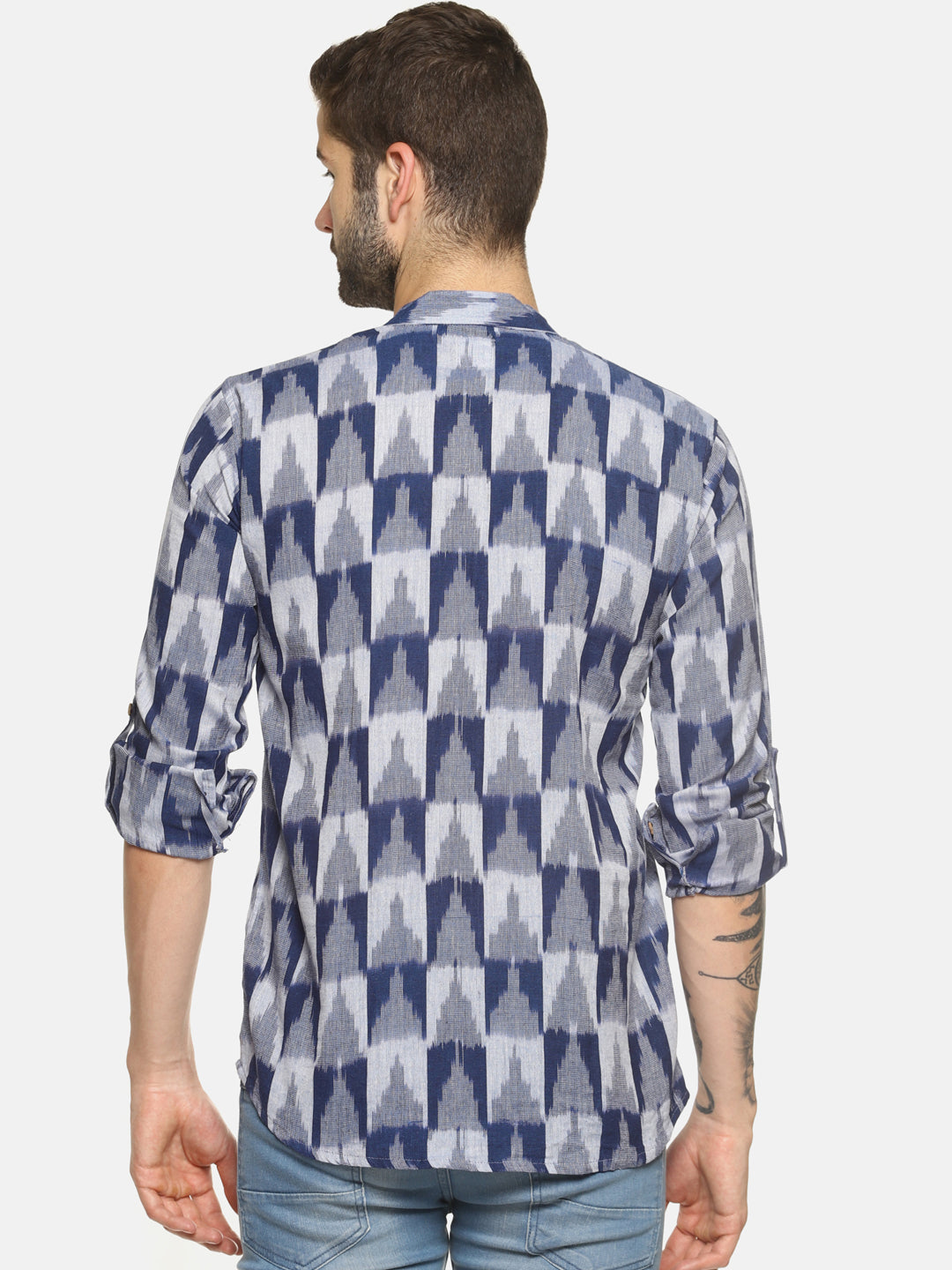 PAROKSH Men Blue Printed Thread Work Indie Prints Khadi Handloom Kurta