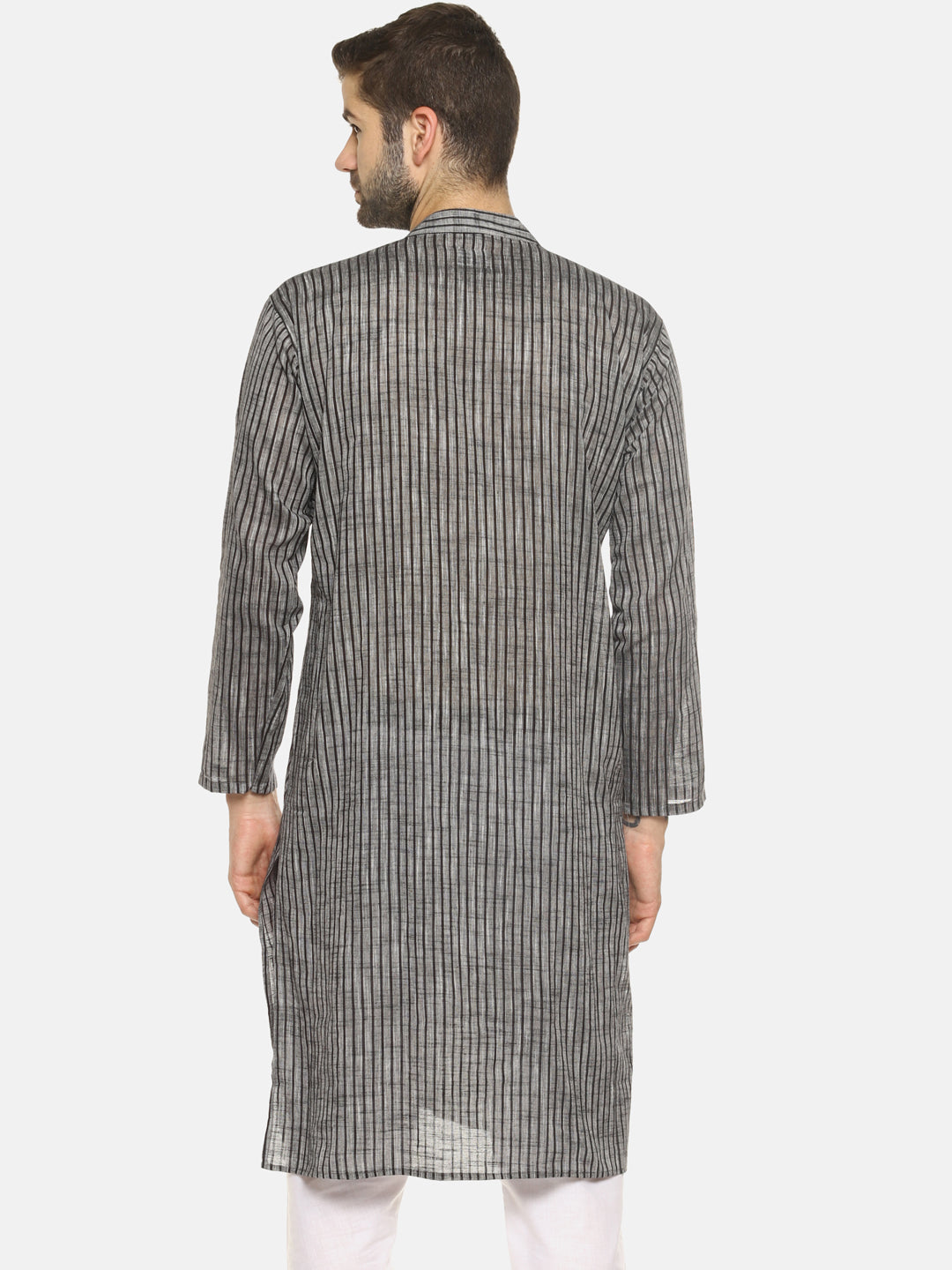 PAROKSH Men Grey striped cotton Straight Kurta