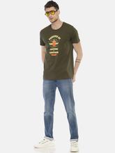 Men's printed round neck olive green t-shirt