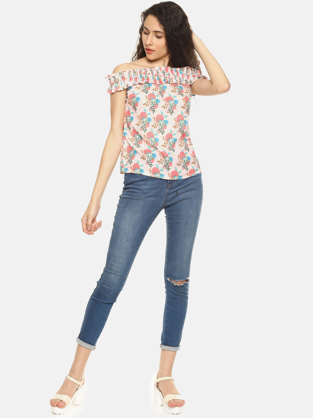 SAHORA Women Peach & Blue Floral Print Bardot Top