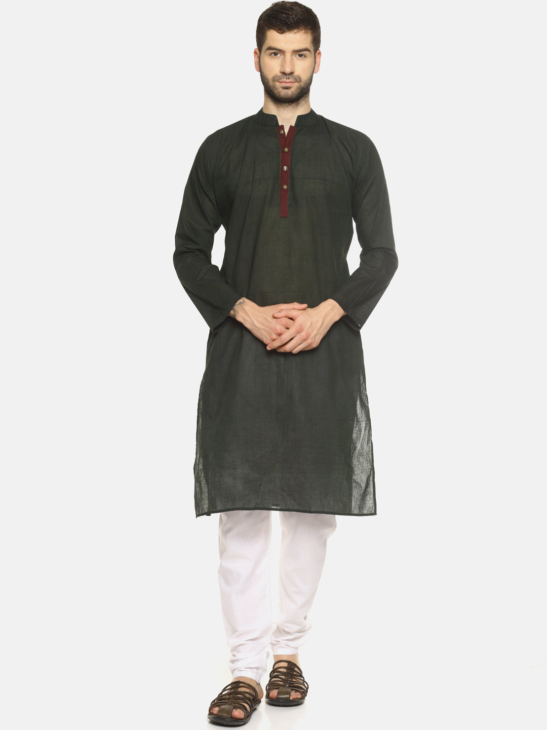 PAROKSH Men olive placket cotton Straight Kurta