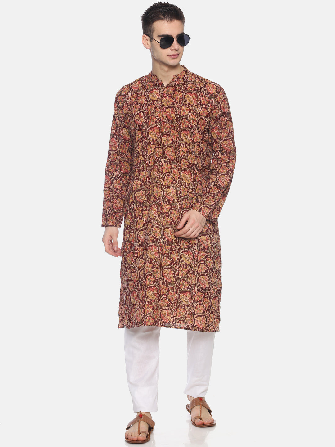 PAROKSH Men Maroon & Pink Kalamkari Printed Straight Kurta