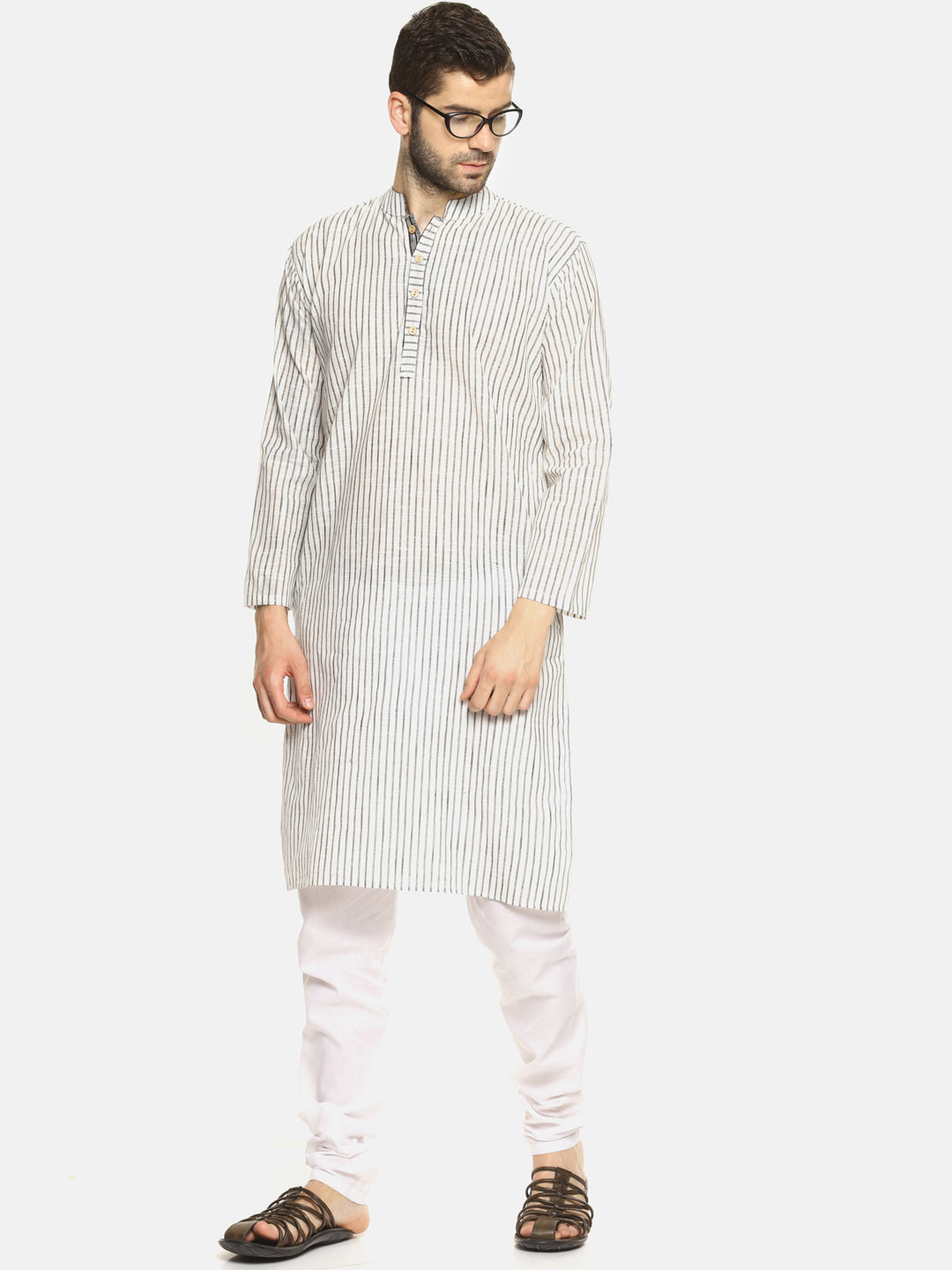 PAROKSH Men white striped cotton Straight Kurta