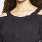 SAHORA Women Navy Blue Polka Dots Print Cinched Waist Top