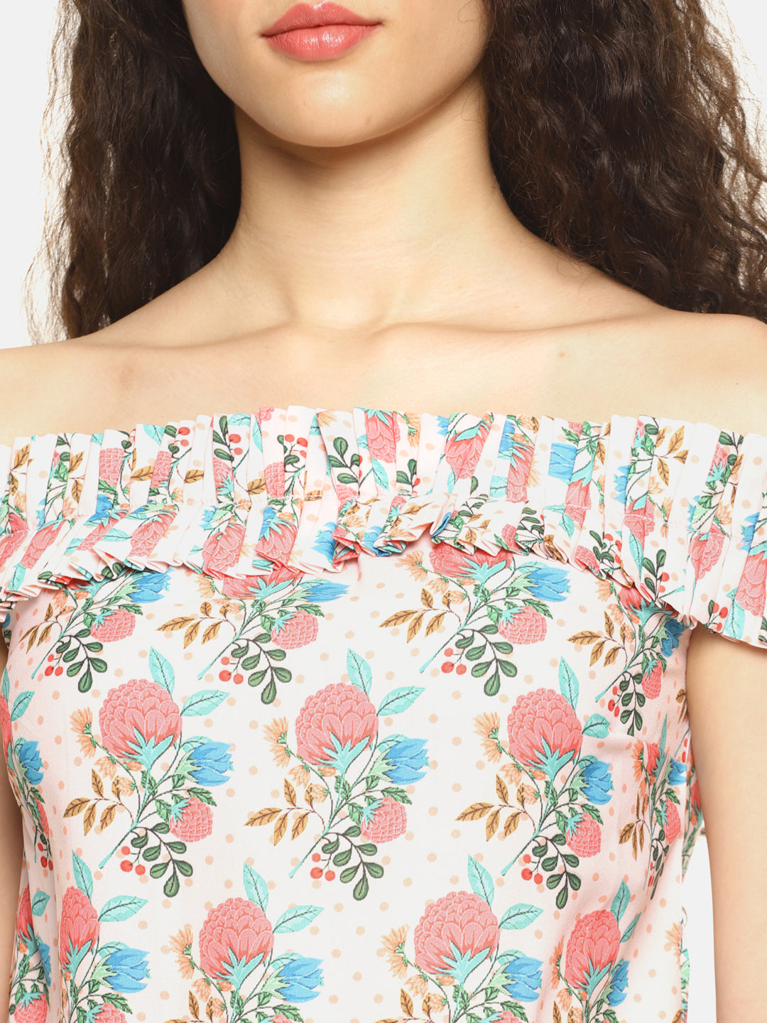 SAHORA Women Peach & Blue Floral Print Bardot Top