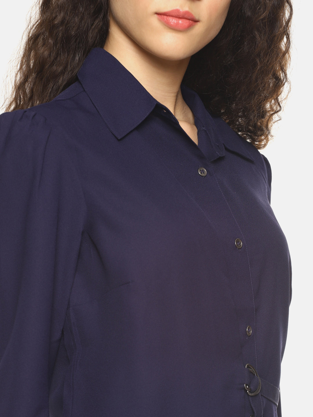 SAHORA Women blue belted solid collar shirt