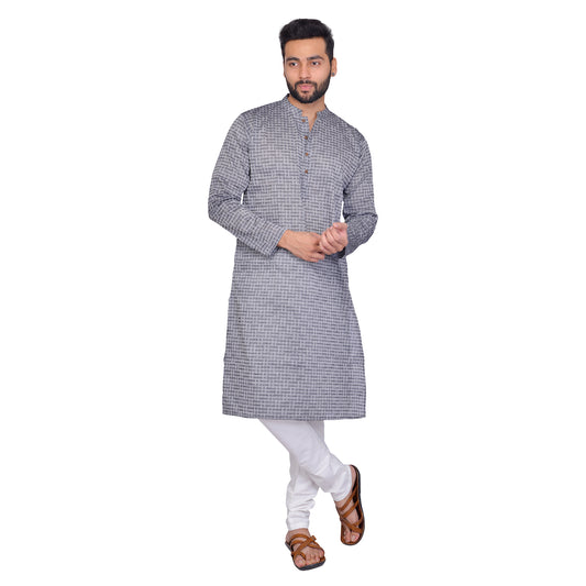 PAROKSH Men checkered charcoal grey cotton Straight Kurta