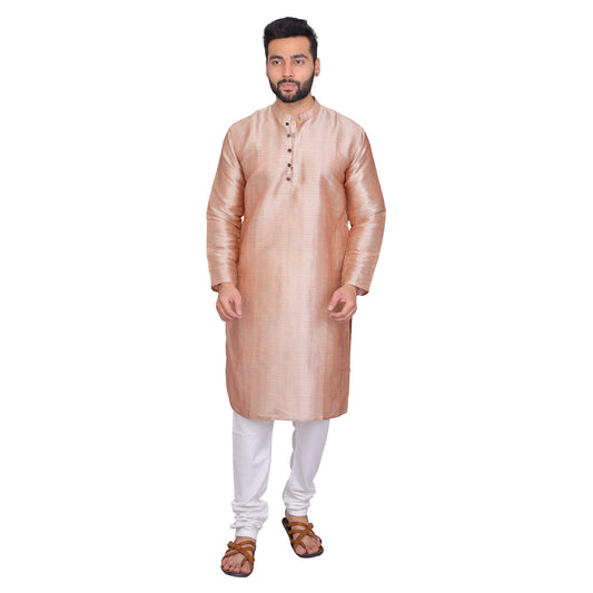 PAROKSH Men Solid Beige Artificial Silk blend Straight Kurta