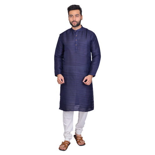 PAROKSH Men Solid Navy Blue Matka Silk Straight Kurta