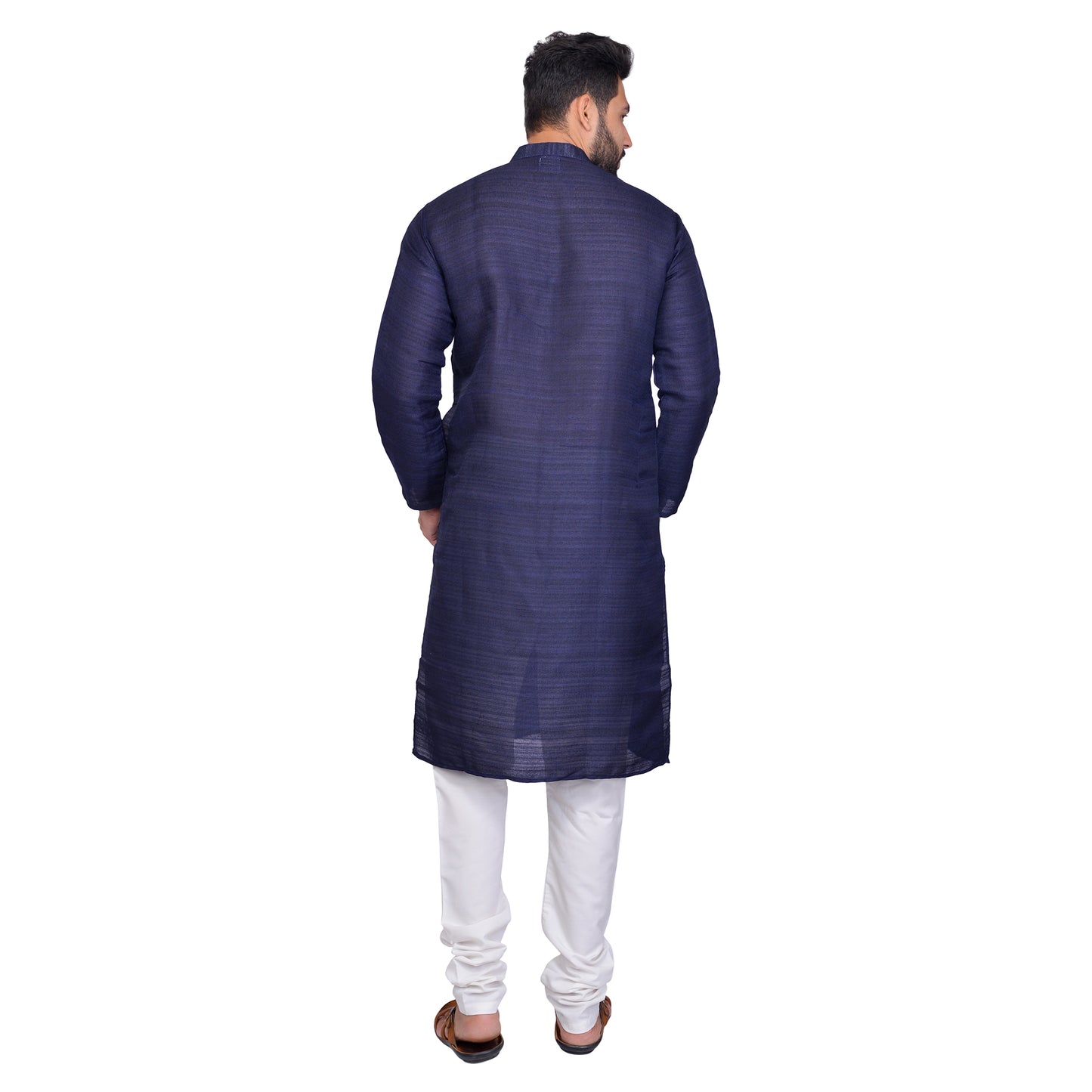 PAROKSH Men Solid Navy Blue Matka Silk Straight Kurta