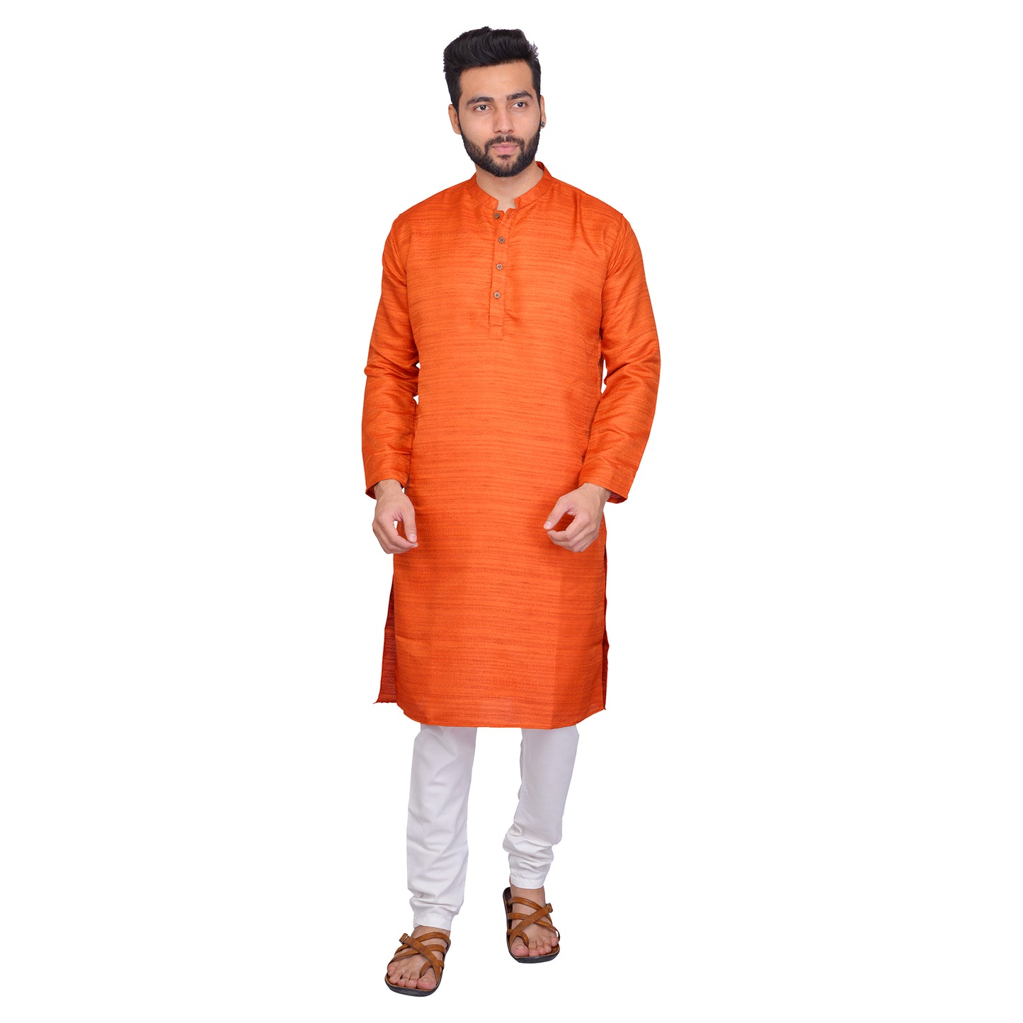 PAROKSH Men Solid rust orange Artificial Silk blend Straight Kurta