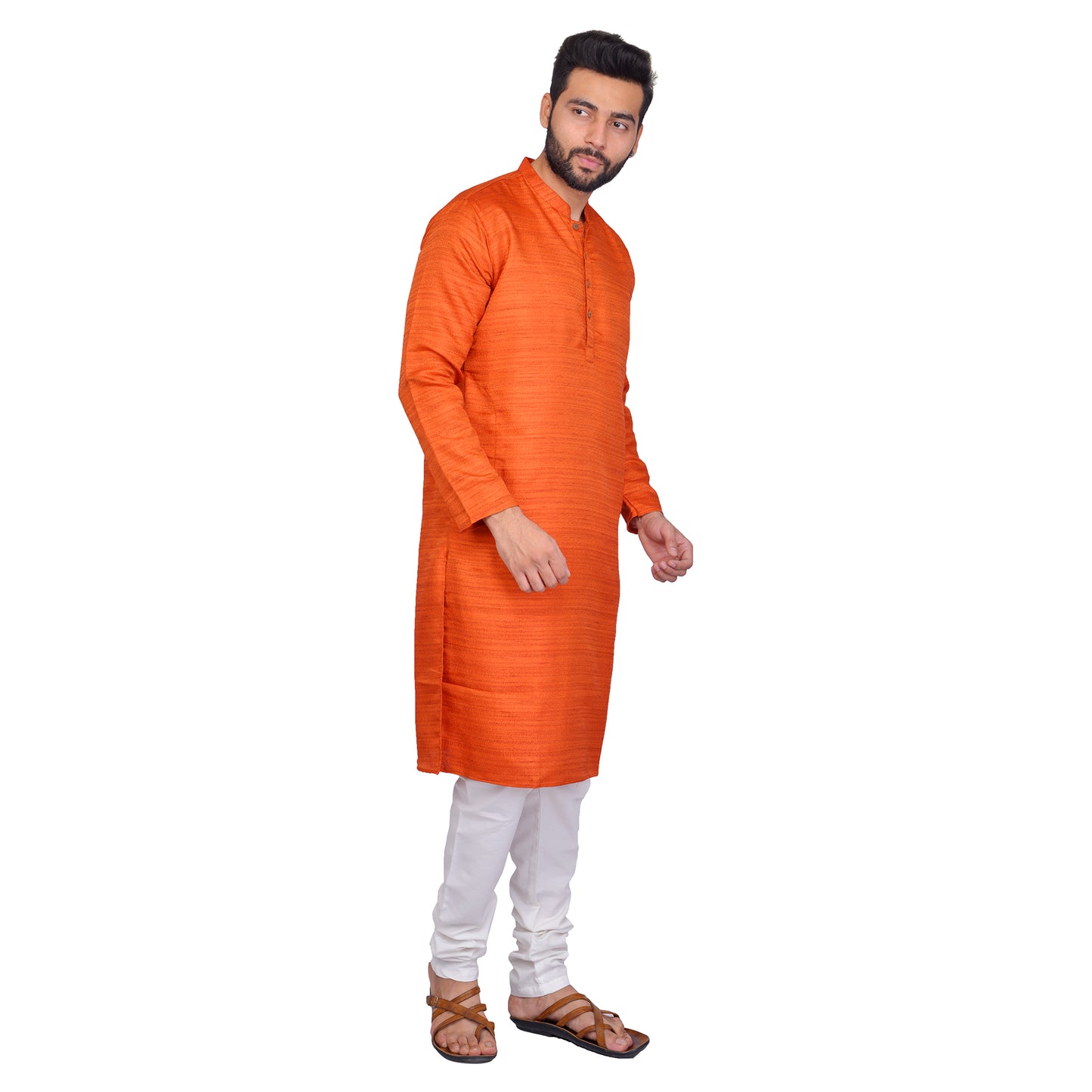 PAROKSH Men Solid rust orange Artificial Silk blend Straight Kurta